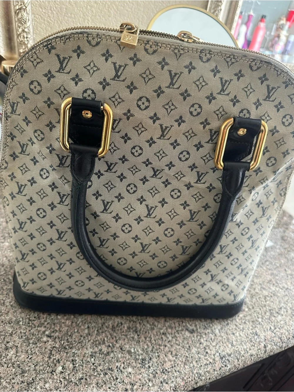 Louis Vuitton Beige Monogram Satchel with Black Trim and Gold Hardware